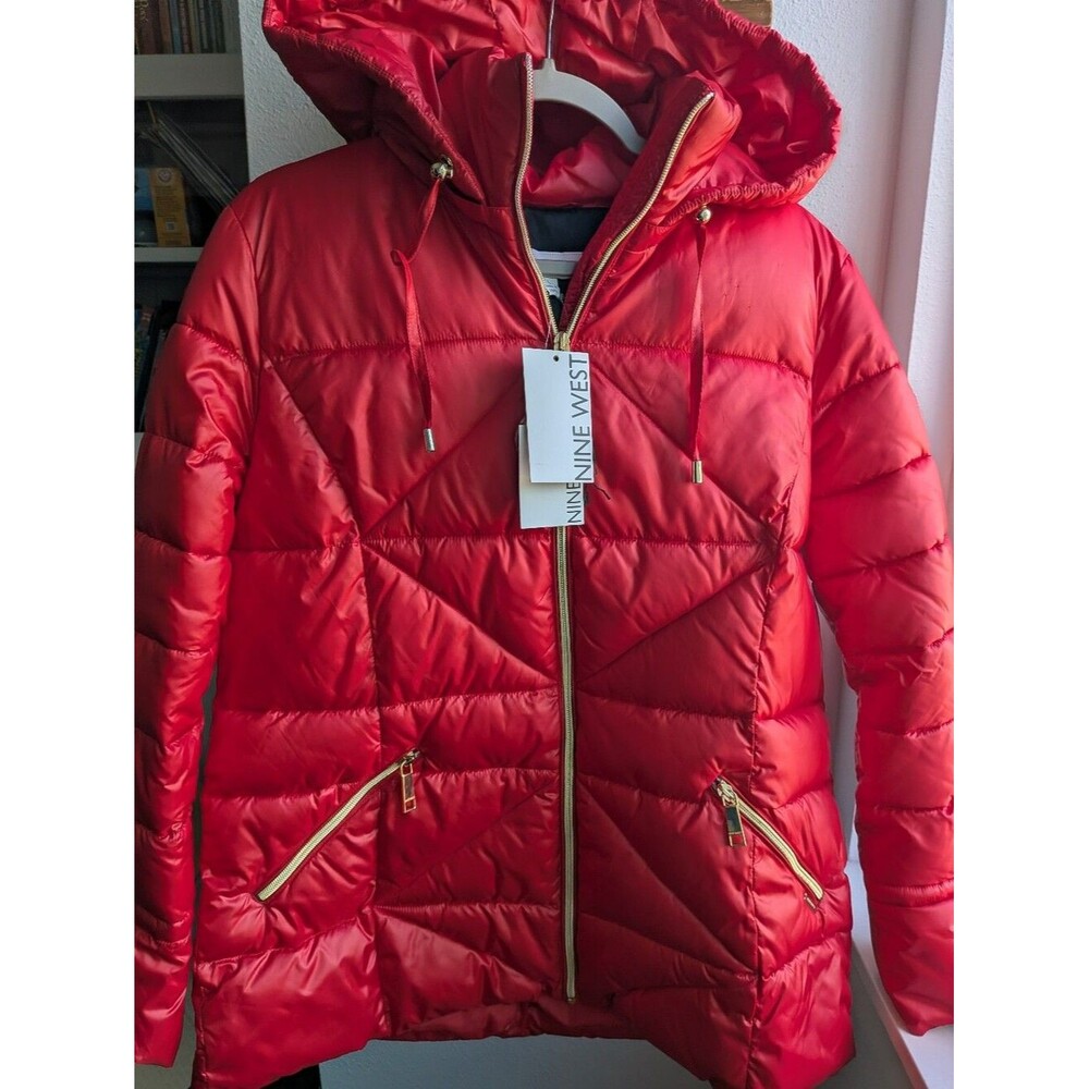 Nine West NWT Red Puffer Jacket Large Gold Zipper Hooded Quilted Coat